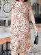 Women Floral Print Button Design Split Hem Short Sleeve Dress - Khaki