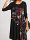 Ethnic Print Patchwork Button Long Sleeve Casual Dress For Women - Black