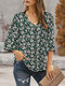 Ditsy Floral Print V-Neck Button Up Flared Sleeve Blouse - Dark Green