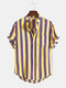 Mens Color Striped Casual Chest Pocket Short Sleeve Shirts - Yellow