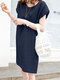 Solid Crew Neck Short Sleeve Loose Dress For Women - Navy