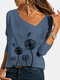 Calico Printed Long Sleeve Asymmetrical T-shirt For Women - Blue