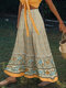 Bohemian Floral Printed Belt Elastic Waist Long Skirt - Yellow