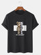 Mens Mechanical Toy Bear Print Preppy 100% Cotton Short Sleeve T-Shirts - Black