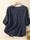 Women Lace Trim Plain Button Up Cotton 3/4 Sleeve Shirt - Dark Blue