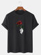 Mens Rose Hand Print Crew Neck Cotton Short Sleeve T-Shirts - Black
