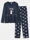 Plus Size Women Cartoon Animal Letter Print Cotton Cozy Pajamas Sets - Navy