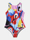 Women Colorful Abstract Print High Neck Slimming One Piece Sleeveless Swimwear - Colorful