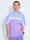 Men Cotton Colorblock Flat Short Sleeve Hooded Drawstring Loose Fit T-Shirt - Purple
