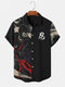 Mens Japanese Ninja Print Patchwork Lapel Short Sleeve Shirts - Black