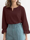 Women Solid Notched Neck Casual Long Sleeve Blouse - Wine Red