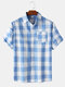 Mens Plaid Regular Hem Short Sleeve Shirt With Pocket - Blue