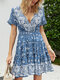 Summer Holiday Calico Print Short Sleeve Women Bohemian Dress - Blue