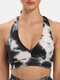 Women Tie-Dye Print Breathable Jacquard Wireless Cross Straps Yoga Sports Bra - Black