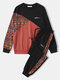 Mens Geometric Print Color Block Patchwork Sweatshirt Ethnic Two Pieces Outfits - Black