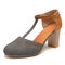 Large Size Women Retro Splicing Closed Toe T Strap Buckle Chunky Heel Pumps - Gray