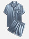 ChArmKpr Men Plain Faux Silk Pajamas Set Two Pieces Solid Color Lapel Collar Satin Sleepwear with Short Sleeve Tops - Gray