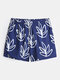 Mens Hand Painted Leaf Print Breathable Casual Drawstring Swim Trunks - Navy