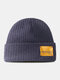 Unisex Solid Cotton Knitted Striped Color Contrast Letters Patch All-match Warmth Brimless Beanie Hat - Navy