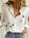 Calico Embroidery Turn-down Collar Long Sleeve Button Blouse - White