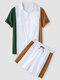 Mens Colorblock Patchwork Double Flap Pocket Cotton Casual Short Two Pieces Outfits - White