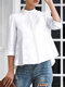 Women Solid Stand Collar Concealed Placket Casual Shirt - White