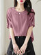 Solid Crew Neck Short Sleeve Blouse For Women - Pink