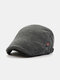 Men Knitted Leather Brim Letter Label Casual Warmth Beret Flat Cap - Dark Gray
