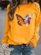 Flower Butterfly Print Long Sleeve Sweatshirt For Women - Yellow