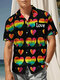 Mens Colorful Hearts Print Lapel Collar Short Sleeve Shirts - Black