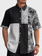Mens Ethnic Floral Print Color Block Patchwork Lapel Short Sleeve Shirts - White