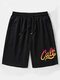 Mens Ombre Letter Plant Print Holiday Loose Drawstring Shorts - Black