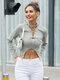 Solid Lace Up Metal Buckle Long Sleeve Crop Top - Gray