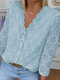 Solid Lace Button V-neck Long Sleeve Blouse For Women - Blue