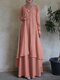 Robe longue musulmane à manches longues pour femmes, design superposé, couleur unie - Rose