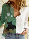 Cartoon Cat Print Patchwork Long Sleeve Casual Shirt For Women - Green