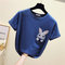 Casual Wild Cute Rabbit Round Neck Embroidery Loose Shirt Female Bamboo Cotton Short-sleeved T-shirt - Navy