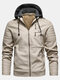 Mens PU Leather Plus Velvet Zip Front Thicken Hooded Jackets With Zipped Welt Pockets - Beige