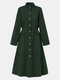 Velluto a coste tinta unita collo alto elastico manica lunga Plus vestito con bottoni taglia per donna - Army Green
