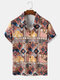 Mens Ethnic Tribal Pattern Button Up Short Sleeve Shirts - Brown
