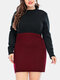 Plus Size Contrast Color Round Neck Casual Sweater Dress - Red