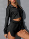 Solid Color Lapel Collar Zipper Front Top Drawstring Slit Hem Shorts TrackSuit - Black