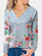 Floral Print V-neck Long Sleeves Casual Sweatshirt For Women - Gray