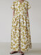 بوهيمي زهرة طباعة V- الرقبة Plus حجم فستان عطلة مع جيب - الأصفر