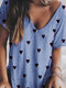 T-shirt casual da donna a maniche corte con scollo a V stampata a cuore - blu