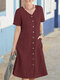 Women Solid Double Pocket Cotton Short Sleeve Shirt Dress - Wine Red