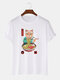 Mens Japanese Noodle Cat Print 100% Cotton Casual Short Sleeve T-Shirts - White