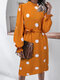 Dot Print Puff Long Sleeve Shirred Stand Collar Dress With Belt - Yellow