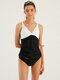 Women Swimwear White Hit Color Rib Front Twisted Cover Belly Tankini - Black
