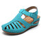 LOSTISY Hollow Out Lightweight Pure Color Breathable Hook Loop Wedges Sandals - Blue